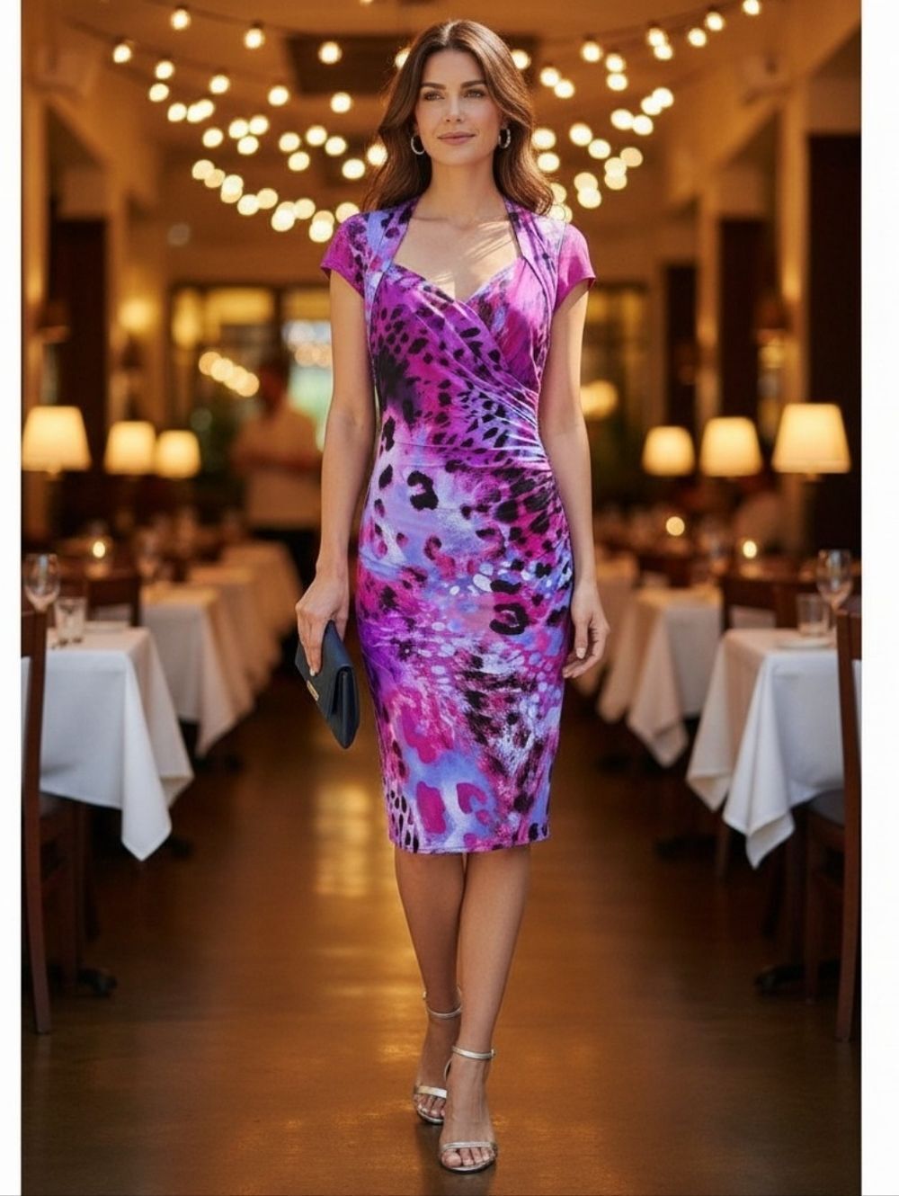 Cache Purple Printed Midi Sheath Dress